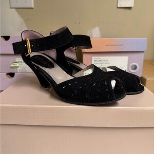 Philip Davidson Black Suede Peep-Toe Heels Sz 37/US6.5/7